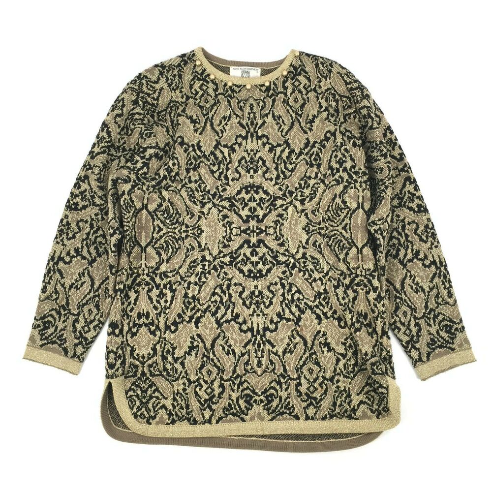 Vintage Anne Klein Knitwear Knit Crewneck Sweater Size Large Womens Gold Black L
